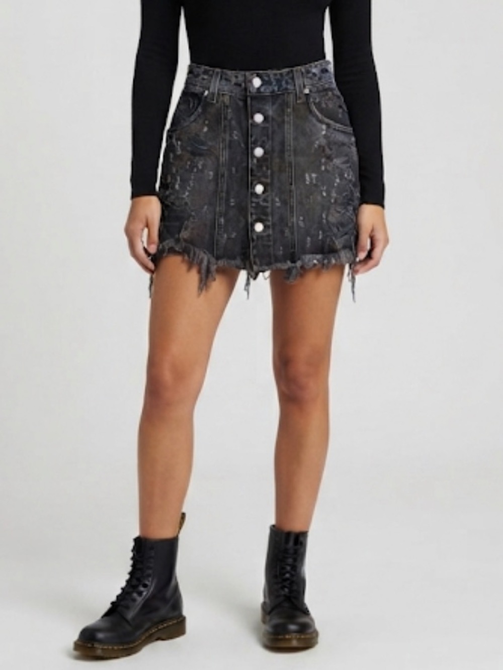 LF CARMAR Denim Mini Skirt Black Button Up Distressed Black Size 25 NWOT